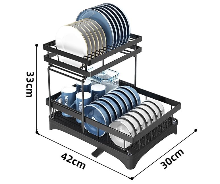SVOHZAV 水切りラック 自動排水 2段 水切りスタンド 大容量 食器洗いカゴ ステンレス 水切り かご 皿置き 食器乾燥 シンク上水切りラック 大きめ ディッシュラック (ブラック, 42*30*33【2段式】)