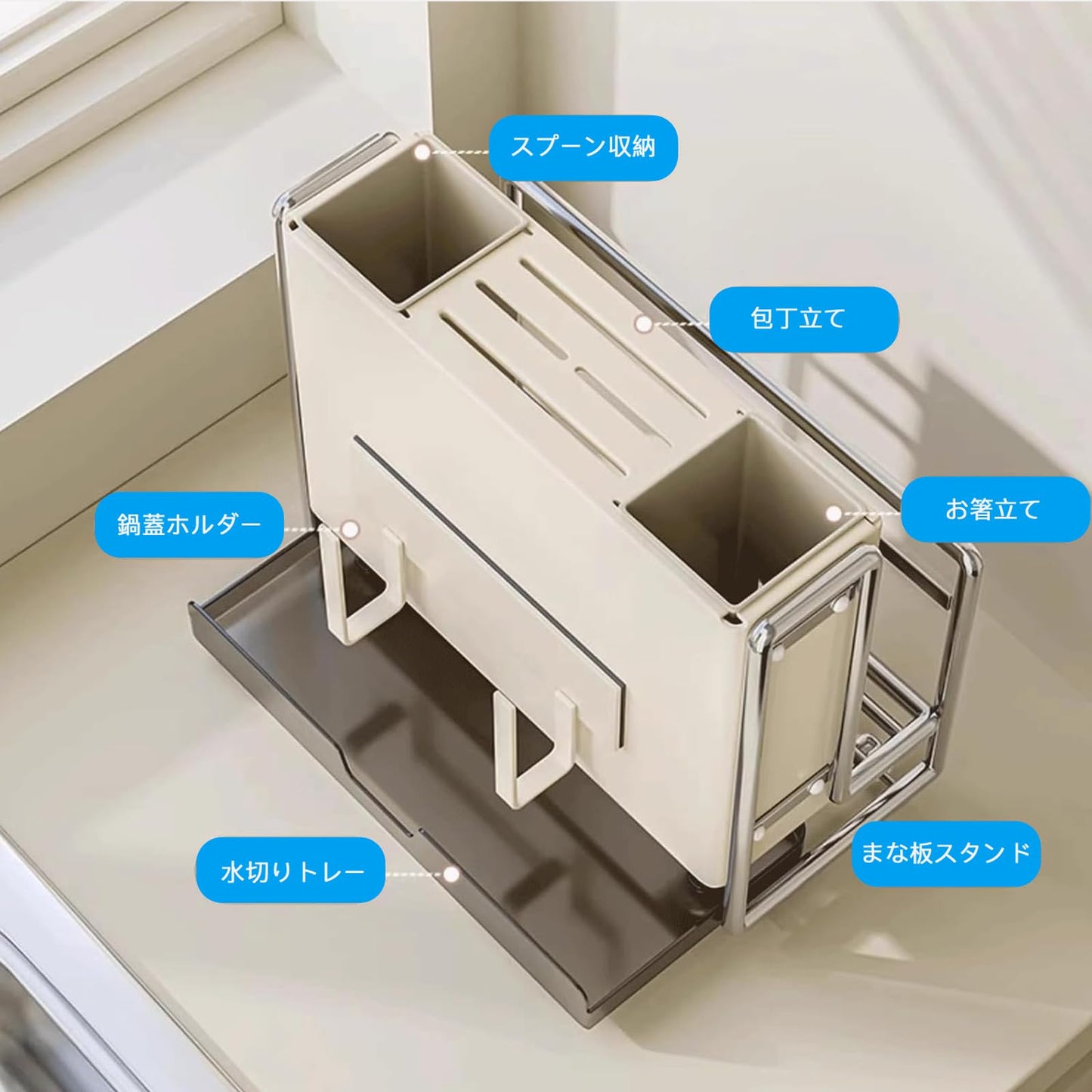 SVOHZAV 2-in-1 まな板スタンド 包丁ホルダー 多機能 キッチン収納 大容量 箸立て 鍋蓋 包丁スタンド 省スペース コンパクト収納 組立不要 通気性 水切りトレー付 滑り止め吸盤 (ブラック, マグネット式鍋蓋ホルダー付き)